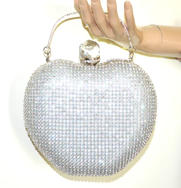 Pochette femme argenté clutch rigide strass cristaux coeur sac cérémonie UG50