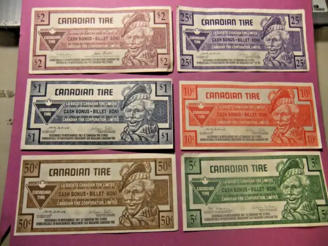 6 Canadian Tire Money Notes - 5 Cents to 2 Dollars - Circulated
