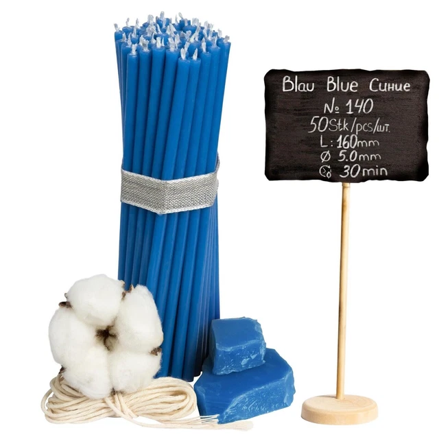 50 pcs Diveevo Church beeswax candles №140 ritual candles in BLUE L:16 cm