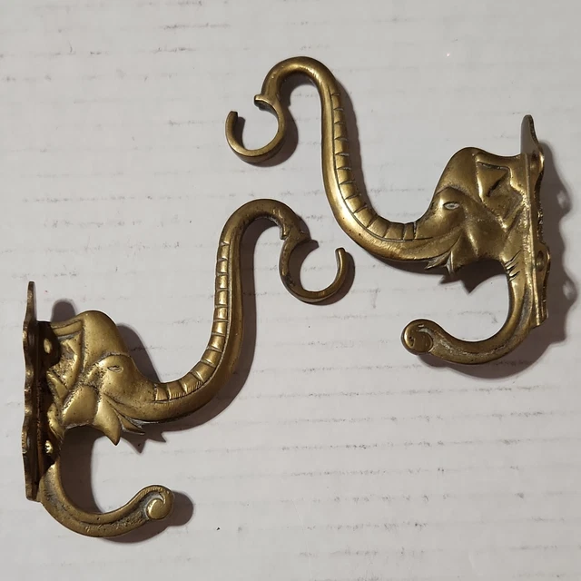Pair Vtg Brass Elephant Head Trunk Up Wall Mount Key Coat Rod Hooks 4" EUC