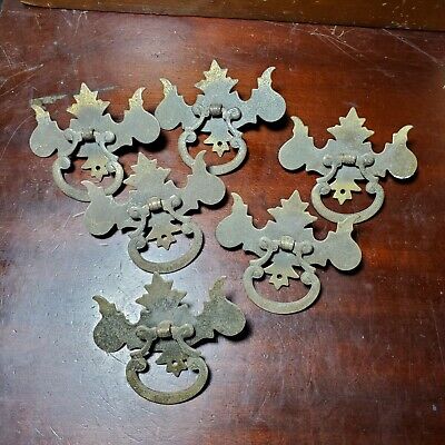 Set of 6 Antique Brass Chippendale Style Drop Bail Drawer Pulls 3 1/4" Wide