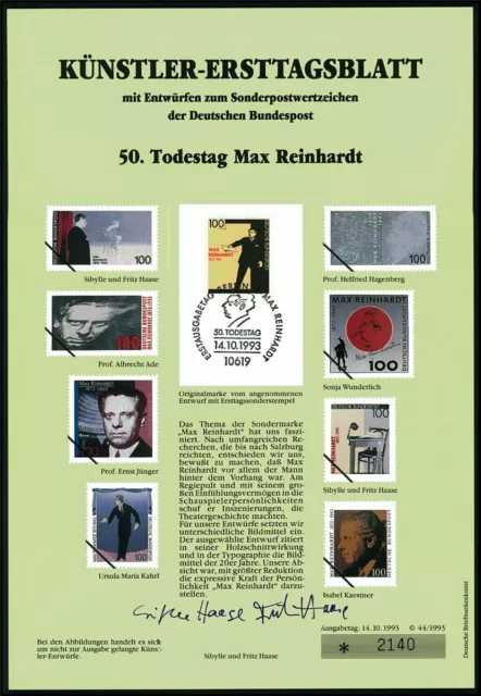 Brd Künstler-Etb 1993/44 1703 Max Reinhardt Theater Entwürfe!!
