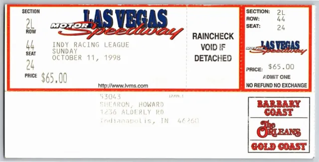 1998 Las Vegas Motor Speedway 500K IRL Indy Racing League Unused Ticket Seat 24
