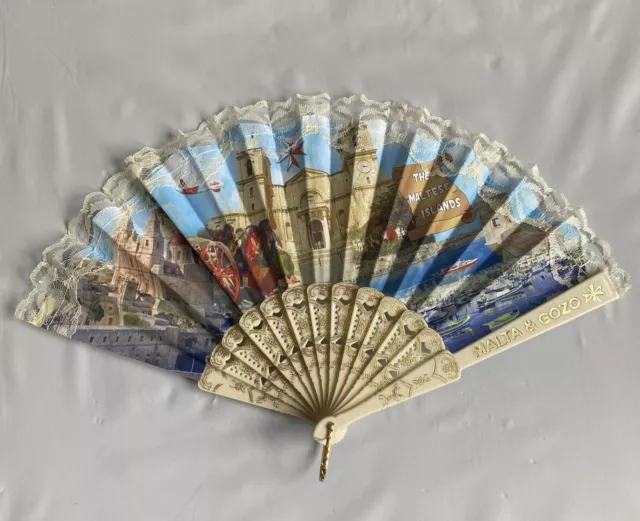 Vintage Malta & Gozo The Maltese Islands Hand Fan With Lace Trim