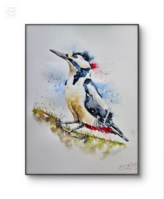 Original signed watercolour art painting new large Elle Smith Woodpecker Bird