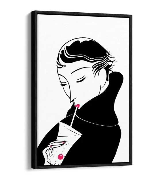 Fashion Art Deco Woman With Cocktail -Float Effect Framed Canvas Wall Art Print