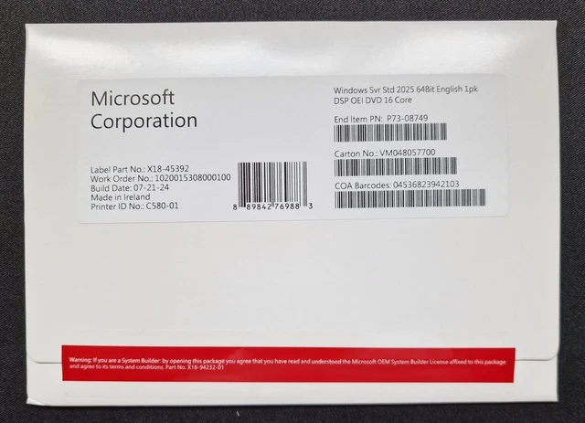 MICROSOFT WINDOWS SERVER 2025 Standard 16 Core DVD £59.99 - PicClick UK