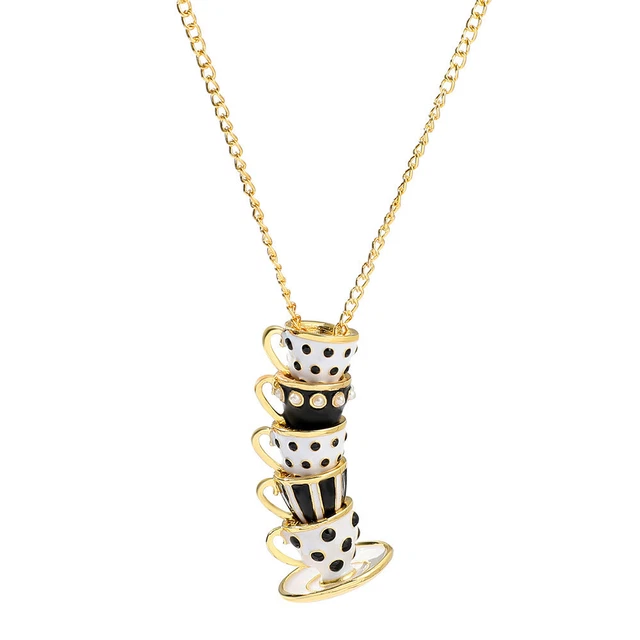 Collar Taza de Té Blanco Negro Pendientes Suéter Cadena Aleación Joyería Accesorios