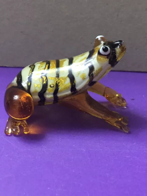 Murano Glass,Artisan Glass:Glass Stripped Frog With Adventurine Figure,Ornament