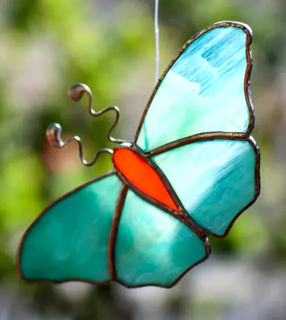 OCEAN BLUE & ORANGE BUTTERFLY Authentic Australian Stained Glass SUNCATCHER Gift