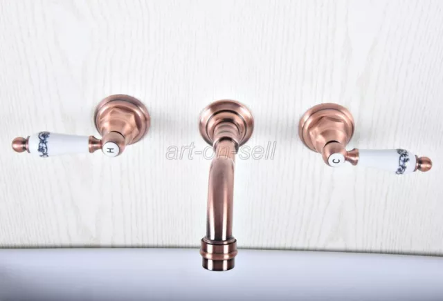 Grifo fregadero de baño extendido antiguo de doble mango rojo de 3 orificios montaje en pared de cobre rojo
