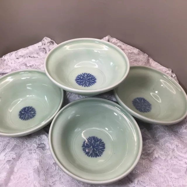 (4) Vintage Chinese Celadon Glazed & Underglaze Blue Floral Small Bowls Marked