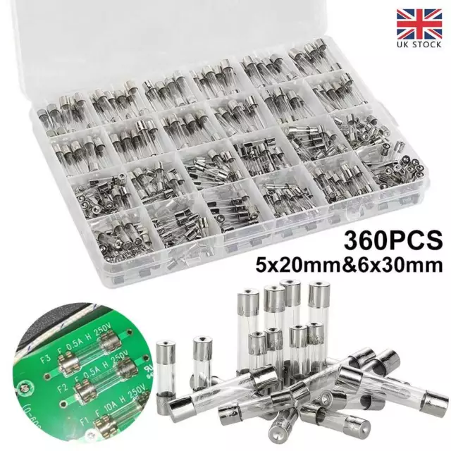 Assorted Glass Fuses 5x20mm 6x30mm Box Fuse Quick Blow Fast Acting Tube 360Pcs