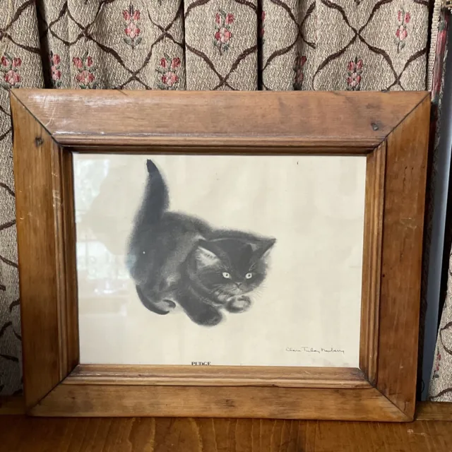 Playful Kitten by Clara Turley Newberry, framed Pudge 1955 Antique Frame