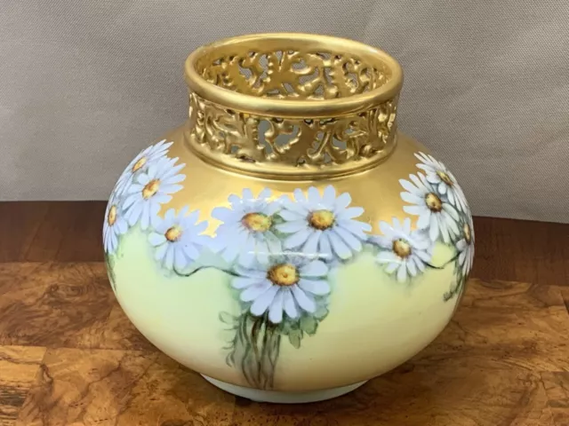 Jean Pouyat Antique Gold Bordered Hand Painted Flower Vase Limoges France