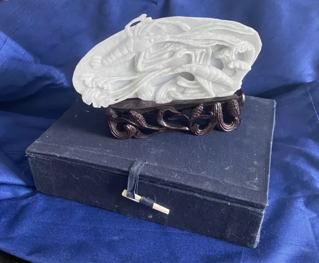 CHINESE CELADON GREY SOAPSTONE CARVING OF LOBSTERS Antique W/Box