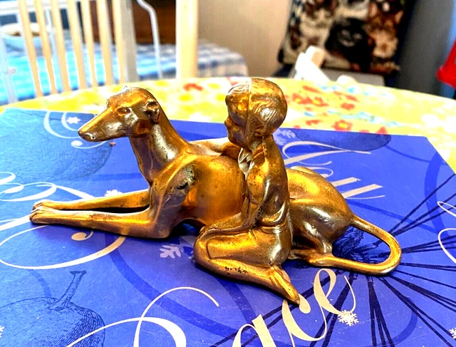 Vintage Greyhound with Young Girl - Metal with Gold Wash