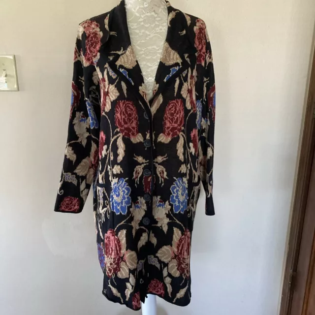 Soft Surroundings Size XL Fairy Glen Black Floral Long Collared Cardigan Sweater