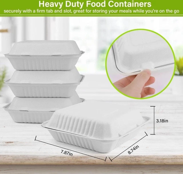 8x8x3 Compostable Sugarcane/ Bagasse 3 Compartment Takeout Box 200 Units