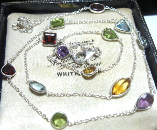 Sterling Silver Rainbow Gem Stone Bezel Chain Necklace Multi Colour 19" Long