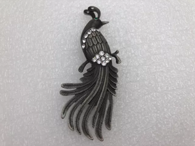 Silver and Rhinestone 2" x 5" Textured Peacock Pin Brooch