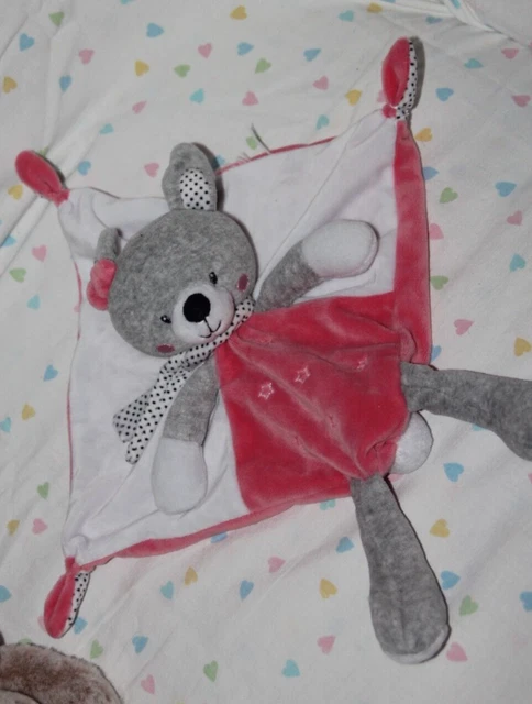 Doudou Tex Baby Lapin Plat Rose Gris Blanc Echarpe Etoile