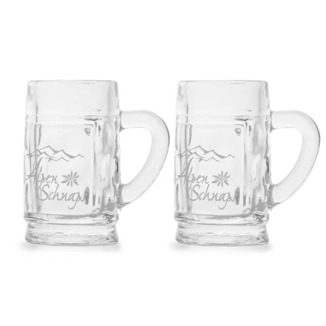 2 Stück Alpenschnaps 2cl Mini-Krug Schnaps-Glas Schnaps-Gläser mit Henkel + Logo