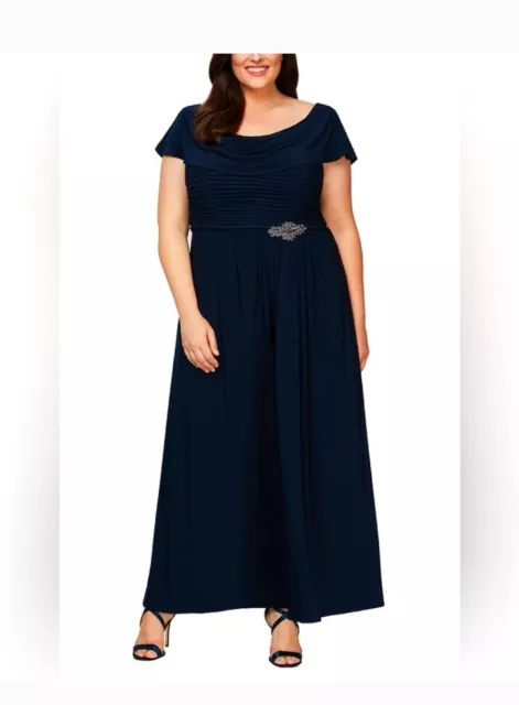 NWT Alex Evenings Navy Blue Cowl Neck A-Line Matte Jersey Maxi Dress 16 Petite P