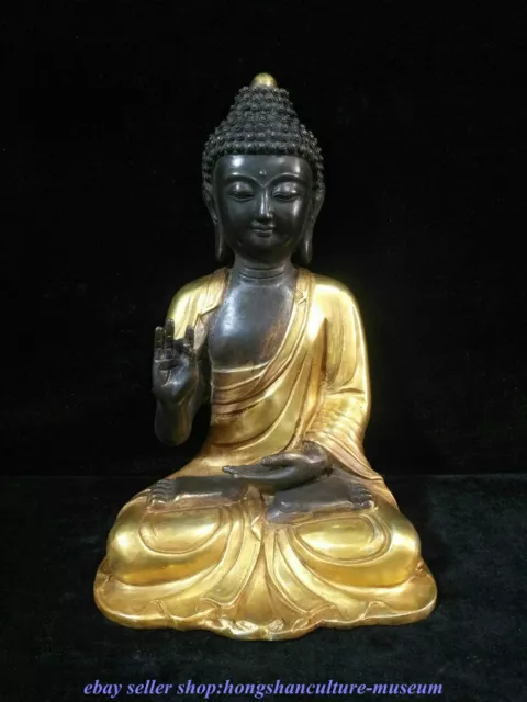 12 " Xuande Marked China Bronze 24K Gilt Buddhism Shakyamuni Buddha Statue