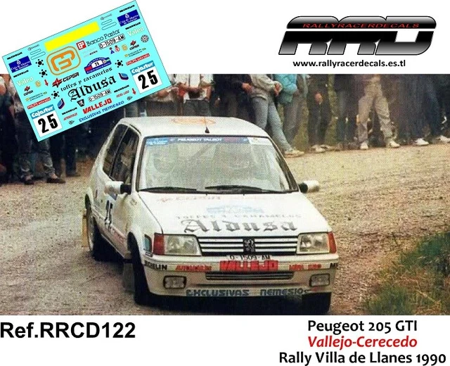 DECAL/CALCA 1/43; Peugeot 205 GTI; Vallejo-Cerecedo; Rally Villa de Llanes 1990
