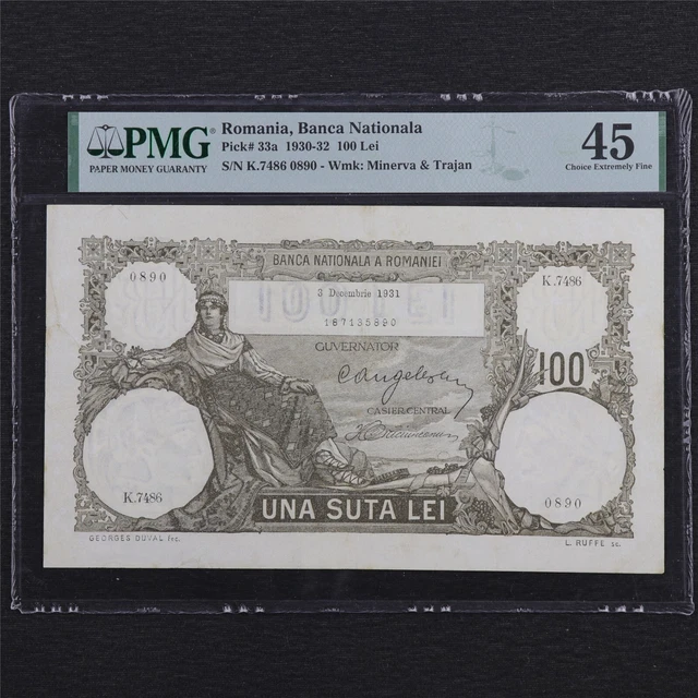 1930-32 Romania Banca Nationala 100 Lei Pick#33a PMG 45 Choice Extremely Fine