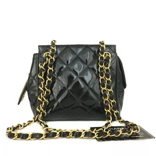 CHANEL Quilted CC Logo Patent Leather Mini Chain Shoulder Bag Black/6X1604