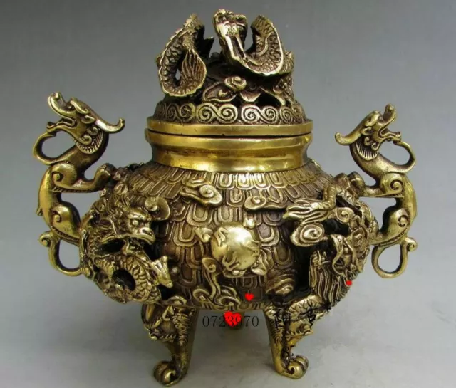 Antique Chinese Fengshui Brass Nine Dragons Incense Burner Statue Qianlong Mark