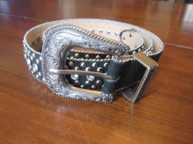 GUESS Faux Leather Western Belt Studded Rhinestones Bling Size Large Black