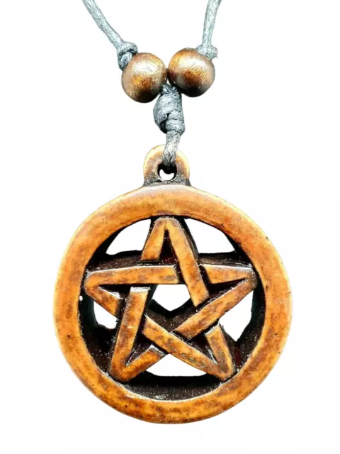 Pentacle Necklace Pendant Adjustable Cord Wooden Beads Pagan Wiccan Chunky