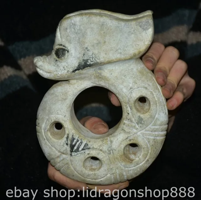 7.6" Chinese Hongshan culture White Jade Carving Pig Dragon hook Statue Pendant