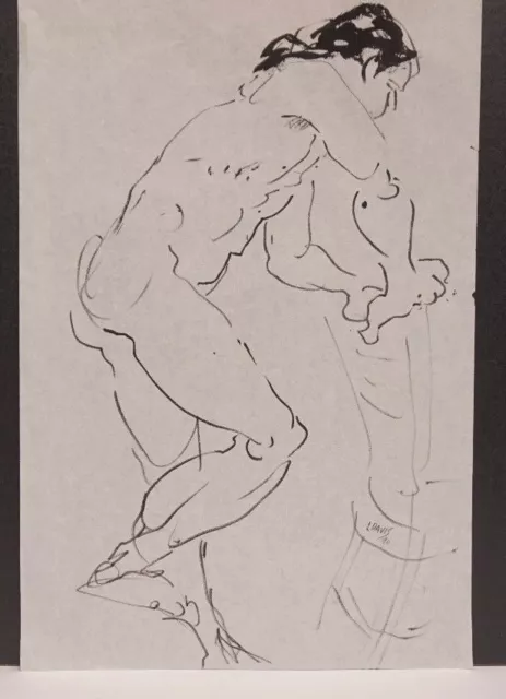 Lois Davis Standing Male Nude Model Ink Drawing Listed Indiana Artist 18 x 12