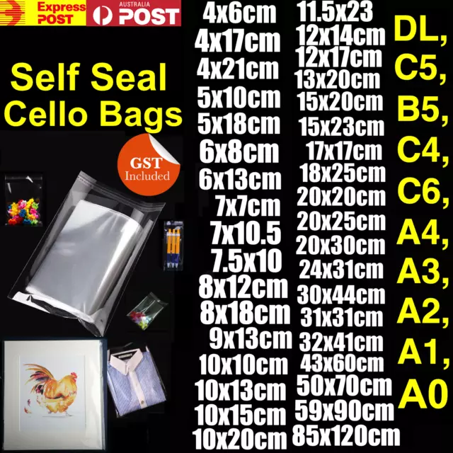 New Clear Self Seal Adhesive Cello Cellophane Resealable Plastic Bags C6 A4 A3