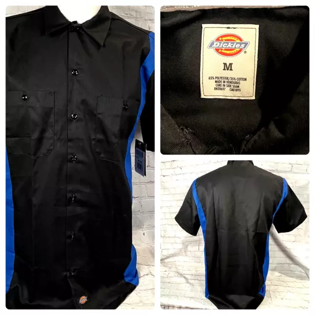 Dickies Camisa de Trabajo Talla Mediana Corte Normal Manga Corta Azul Negro Nwt