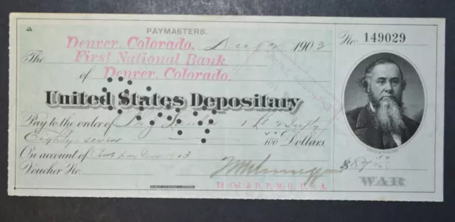 United States Depositary EDWIN M. STANTON 1903 Payment Check for military use