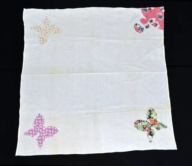 Vintage Multicolor Butterfly Appliques & Lady White Cotton 33" Square Tablecloth