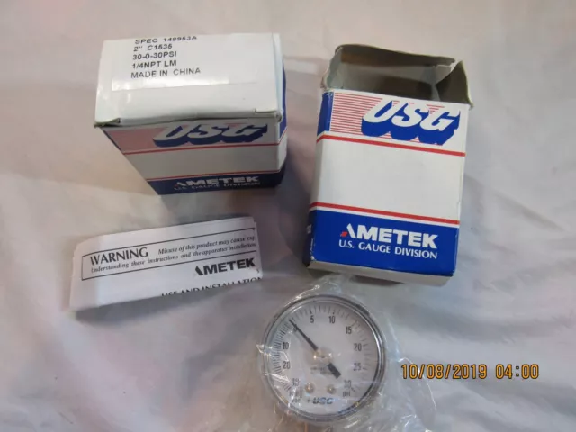 New USG Ametek Pressure Gauge 2" Model 148953A, 1/4NPT, LM 30-0-30 psi