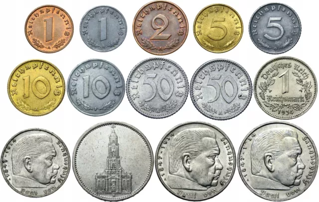 Third Reich Coins Set Of 14 Coins 1936 - 1945 Including Silver