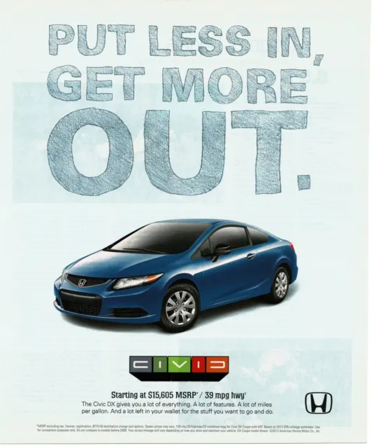2012 Honda Civic Blue 2-door Coupe Vintage Print Ad