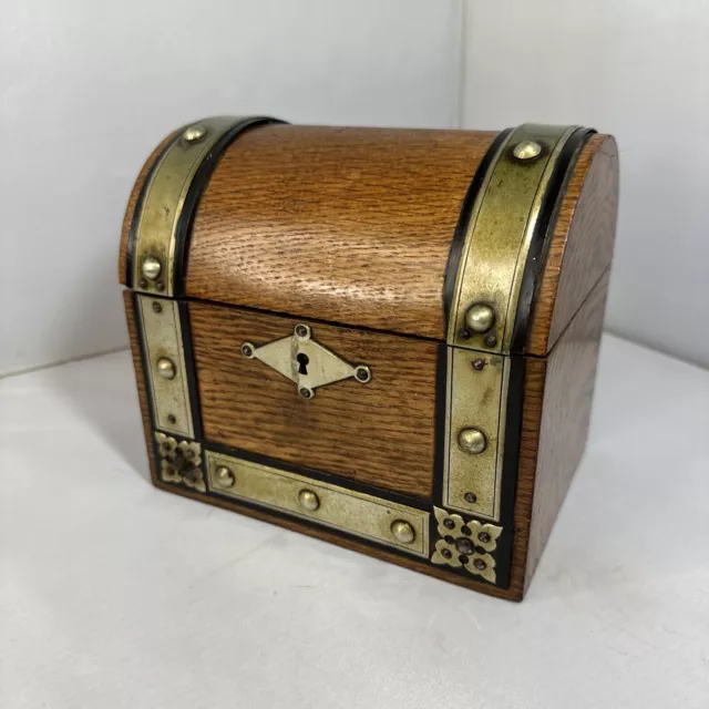 Ornate Antique English Oak Brass Rivets Dome Box Caddy Domed Top Locking Chest