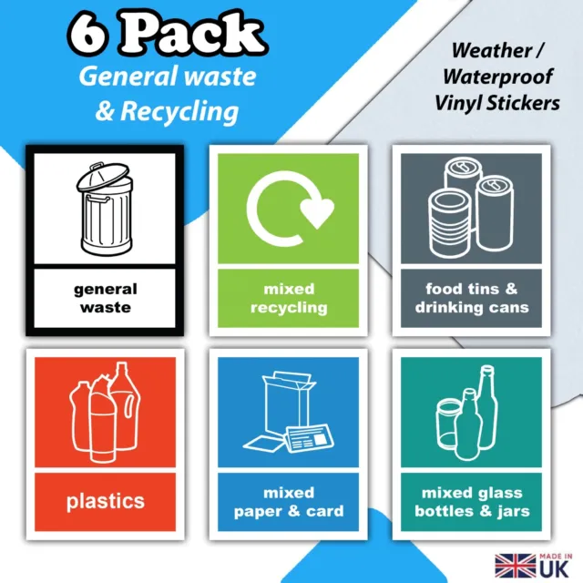 Recycling General Waste wheelie Bin Stickers -6 Pack Waterproof 110mm x 90mm