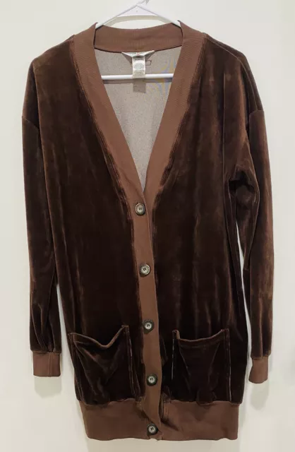 Hardtail Women Velour Chocolate Brown Button Down Long Cardigan Size M Rare Find
