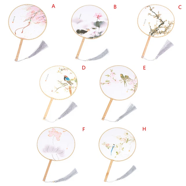 Chinese Style Round Fan with Wooden Handle Portable Printed Vintage Fan