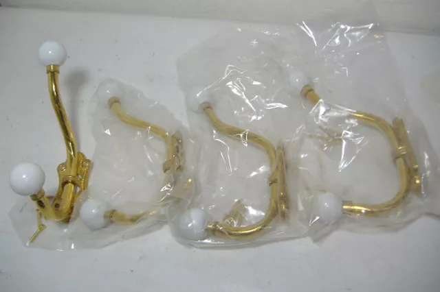  Four Brass and Porcelain Wall Mount Double Coat Hooks with Screws