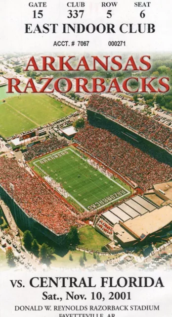 Arkansas Razorbacks Football Ticket Stub Central Florida 2001 Razorback Stadium